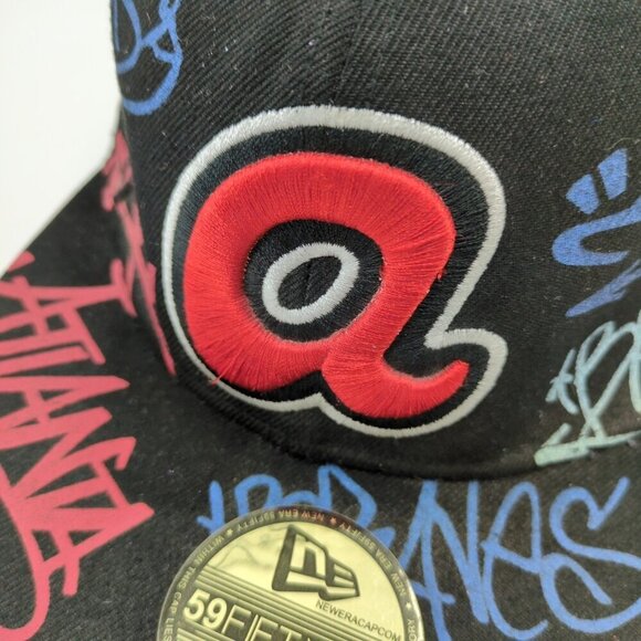 New Era 59Fifty Atlanta‎ Braves MLB Graffiti Logo Fitted Hat Black Size 7 3/8 - Picture 4 of 10
